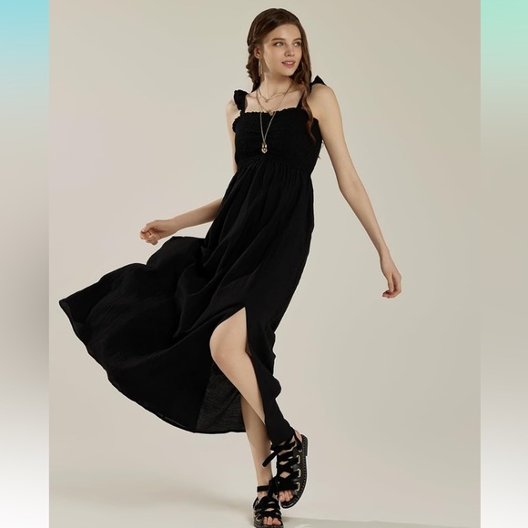 noflik Sleeveless Ruffle Straps Smocked High Slit Dress - Picture 5 of 9